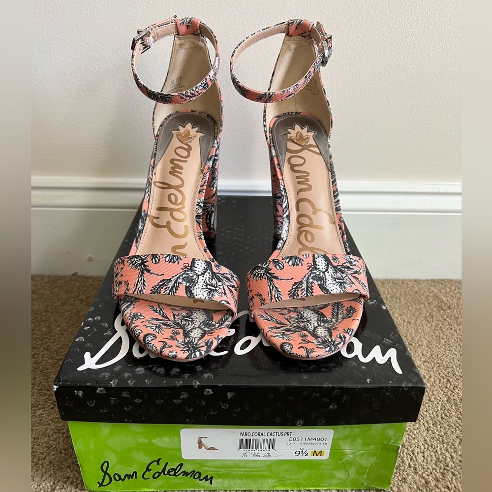 GUC Sam Edelman Yaro Block Heel Sandal – Coral Cactus Print – Size 9.5M